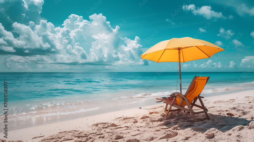 Yellow umbrella on beautiful beach for poster banner and presentation, summer on island vacation holiday relax, feeling of relaxation and rest in vacation