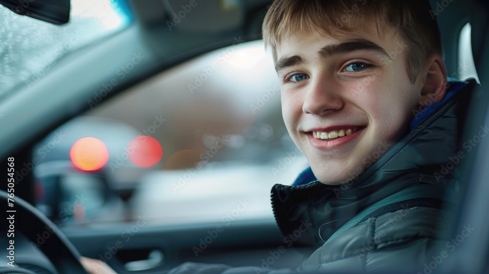 A young man driving a car. Training at a driving school.