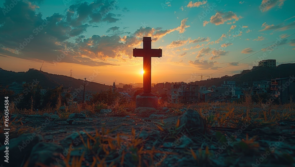 An old rugged wooden cross stands on a hill at sunset with a beautiful sky full of clouds in the background. The cross is a symbol of Christianity and the resurrection of Jesus Christ. - obrazy, fototapety, plakaty 