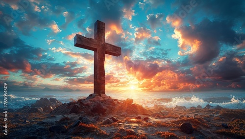 Cross on the rock at sunset. Conceptual image.