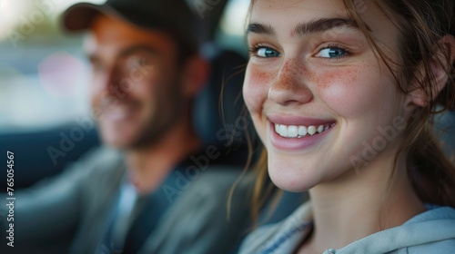 A young woman driving a car. Training at a driving school.
