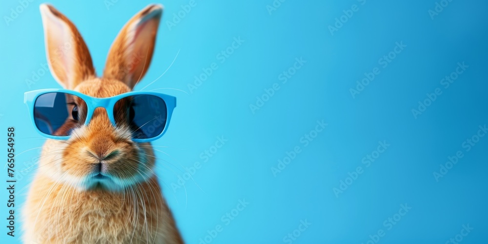 Fototapeta premium Cute funny bunny wearing sunglasses on color background. Space for text