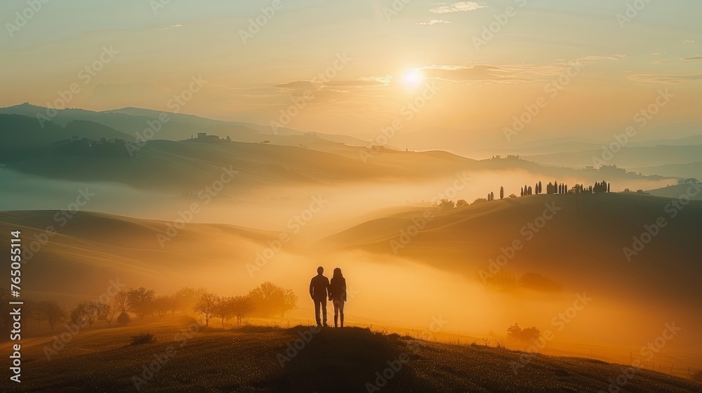 Misty hills at sunrise capture the ethereal beauty and soft light.