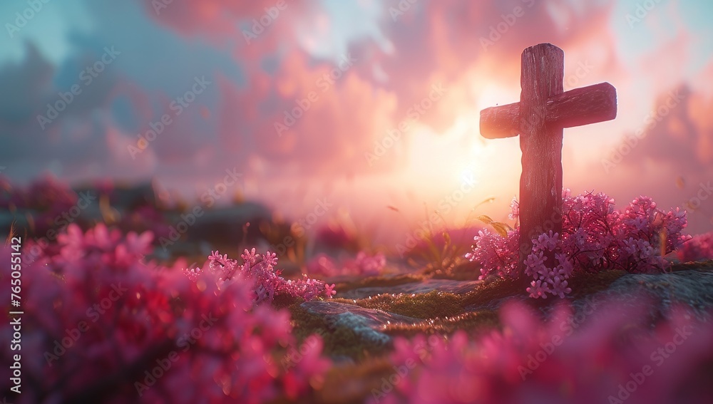 Wooden Cross at Sunset with Pink Flowers Wooden Cross at Sunset with Pink Flowers