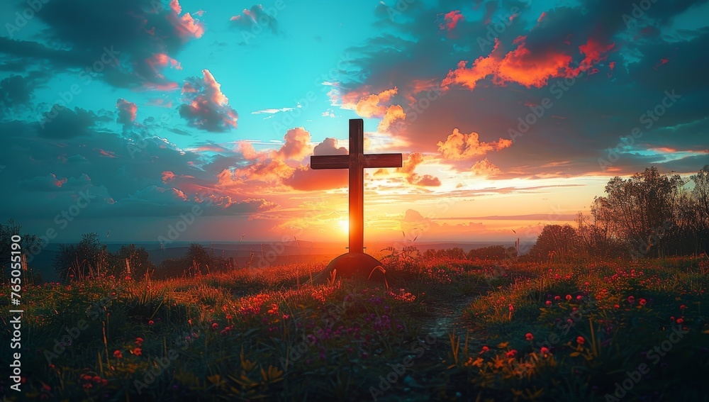 Fototapeta premium Cross on the meadow at sunset.