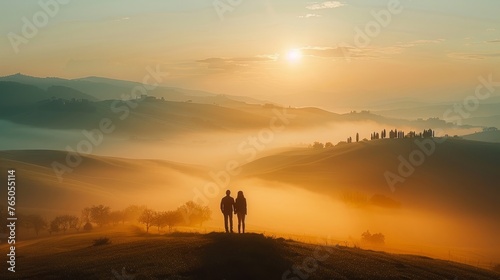 Misty hills at sunrise capture the ethereal beauty and soft light. © SHI
