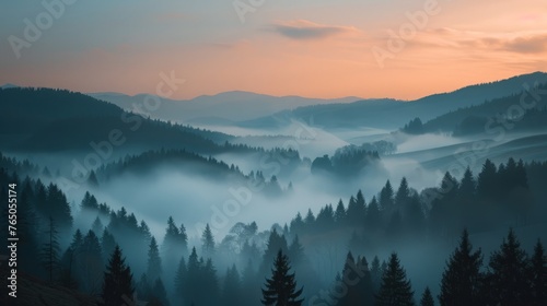 Misty hills at sunrise capture the ethereal beauty and soft light. © SHI