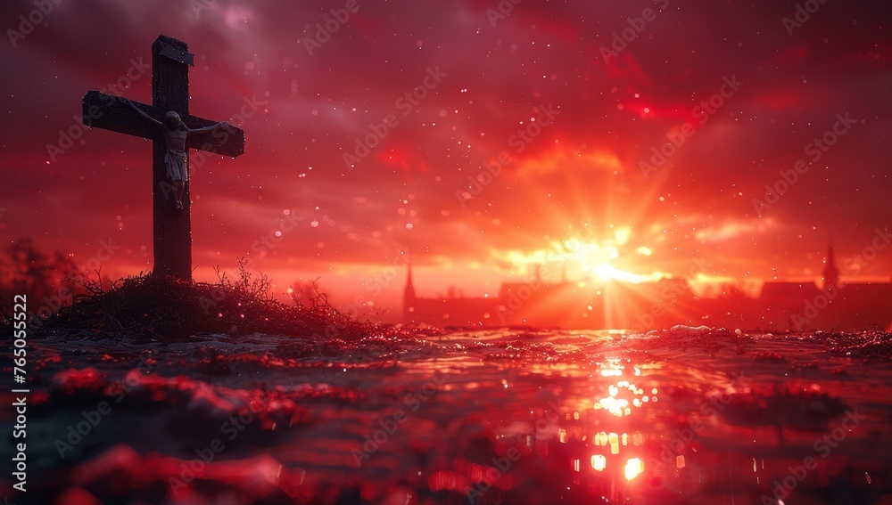The crucifixion of Jesus Christ on a hill at sunset with red sky