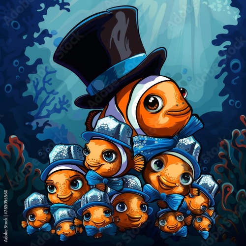 Group of Clown Fish With Top Hat