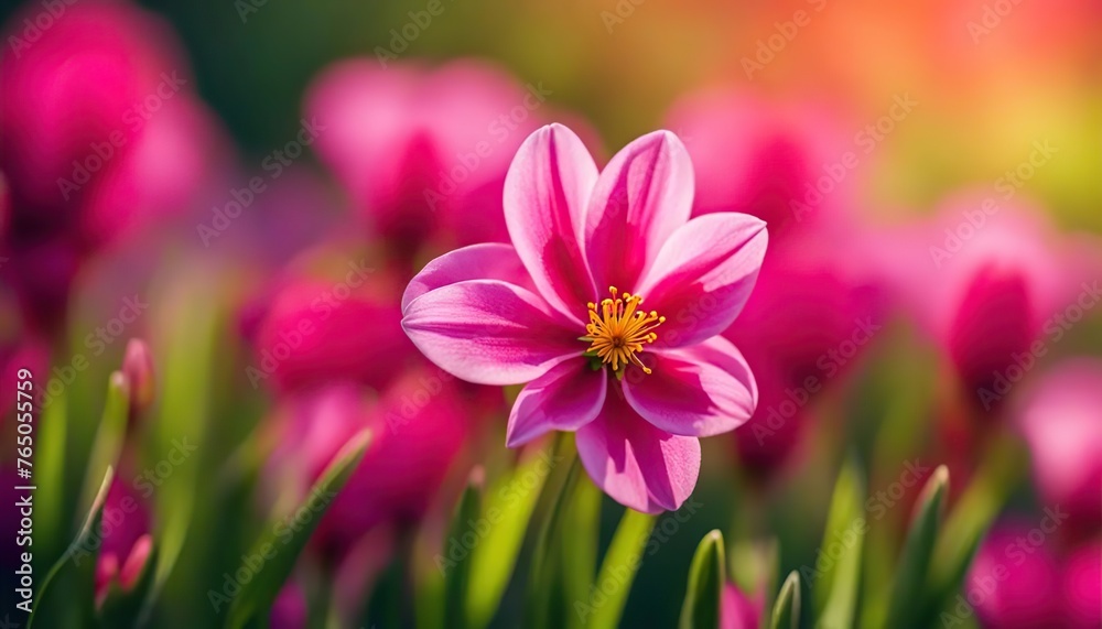 Fototapeta premium Bright pink spring flower closeup on blurred background