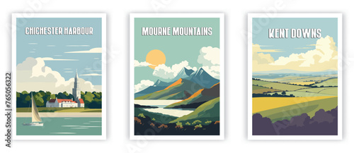 Mourne Mountains, Kent Downs, Chichester Harbour Illustration Art. Travel Poster Wall Art. Minimalist Vector art