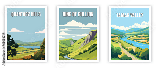 Quantock Hills, Tamar Valley, Ring Of Gullion Illustration Art. Travel Poster Wall Art. Minimalist Vector art