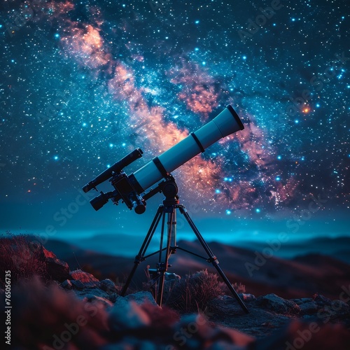 Telescope on Mountain Summit Under Night Sky