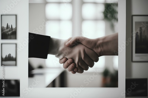 Close-up of two hands clasping in a handshake gesture, conveying trust and partnership, with a minimalist office background.