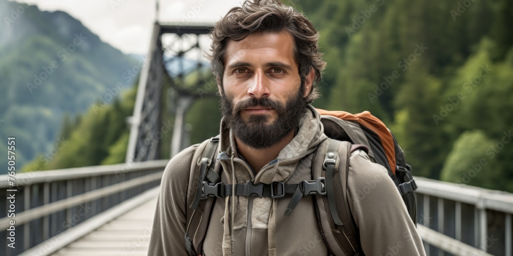 A male tourist stands on a mountain bridge in the Alps. Generative AI. A male tourist stands on a mountain bridge in the Alps. Generative AI.