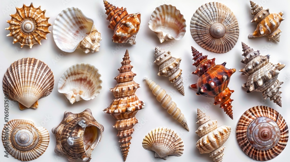 An array of intricately patterned sea shells displayed on a white surface, showcasing a variety of shapes and colors.