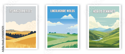 Howardian Hills, Lincolnshire Wolds, North Pennines Illustration Art. Travel Poster Wall Art. Minimalist Vector art