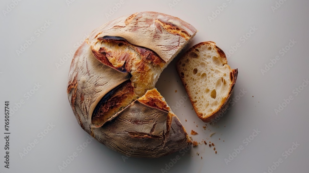 A beautifully baked artisan sourdough bread, sliced open to reveal its soft interior and crusty exterior, on a clean backdrop.