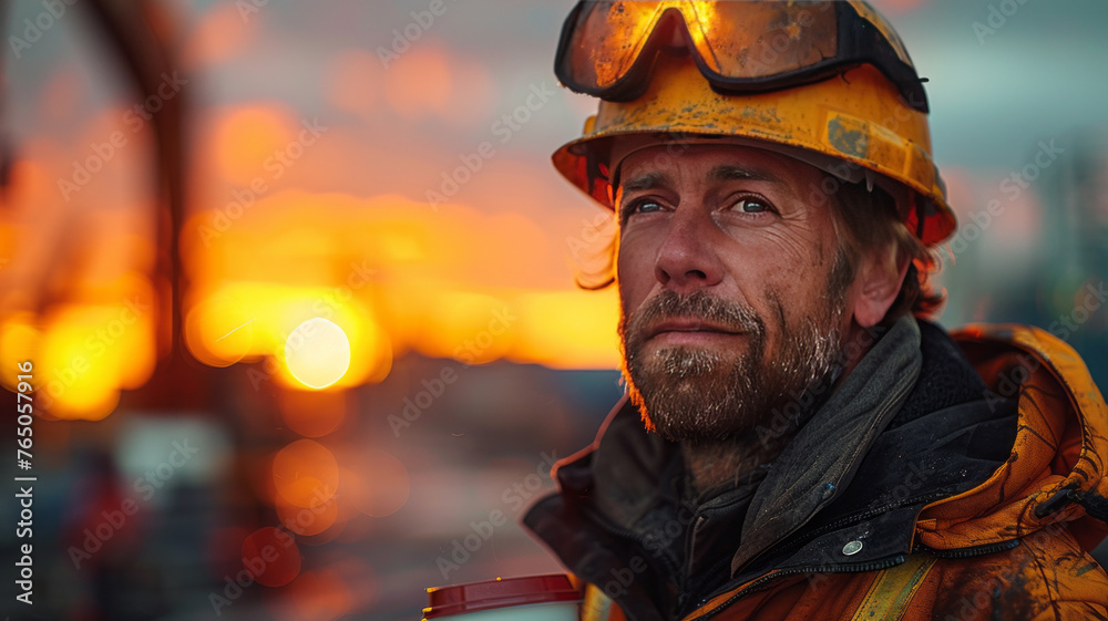 Fototapeta premium a tired construction worker drinking coffee.generative ai