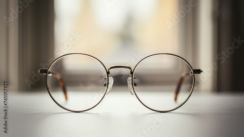Classic round glasses with thin gold frames and clear lenses, placed on a white surface against a blurred background.