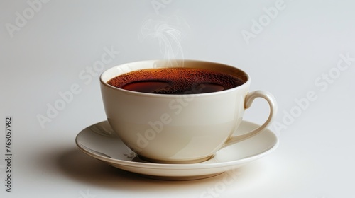 A white ceramic cup and saucer filled with hot coffee, emanating a delicate steam, set against a clean background.