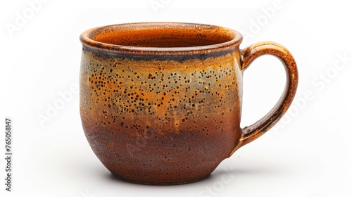 Rustic textured ceramic coffee mug in rich brown tones isolated on a clean white background, perfect for a cozy beverage.