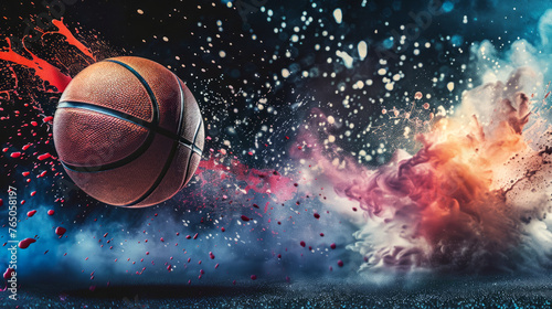  basketball on splashing abstract colorful dust background.