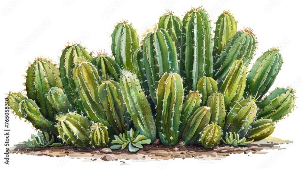 A lush and detailed watercolor painting of a cluster of cacti, showcasing the diversity and beauty of desert plants. A lush and detailed watercolor painting of a cluster of cacti, showcasing the diversity and beauty of desert plants.