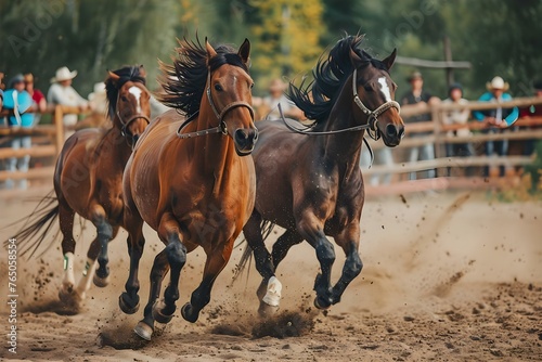 Energetic Rodeo Horses Performing in a Dusty Arena. Concept Cowboy Lifestyle, Rodeo Events, Equestrian Competitions, Western Culture, Dynamic Horseback Riding © Anastasiia