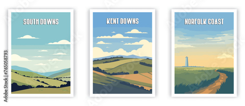 Kent Downs, Norfolk Coast, South Downs Illustration Art. Travel Poster Wall Art. Minimalist Vector art
