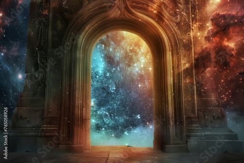 Celestial Gate Majestic Archway Opening to a Starry Expanse, Digital Art Gateway to the Cosmos Theme