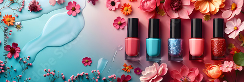 A display of nail polish bottles featuring liquid in various tints and shades of pink, violet, and magenta, surrounded by flowers on a blue and pink backdrop