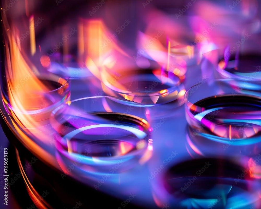 Macro shot of lens elements being tested in a lab for color fidelity