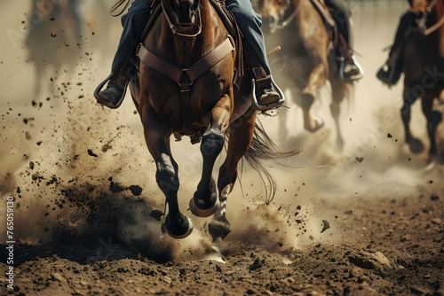 Rodeo horses kicking up dust in arena during competition. Concept Rodeo Horses, Arena Competition, Dust Cloud, Equestrian Sports