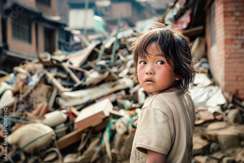 Child after earthquake, disaster or tsunami in Asia. Destruction and damage to house and building. Poor kid in Asian town or slum. Orphan, homeless or victim. Thailand, Vietnam or Indonesia.