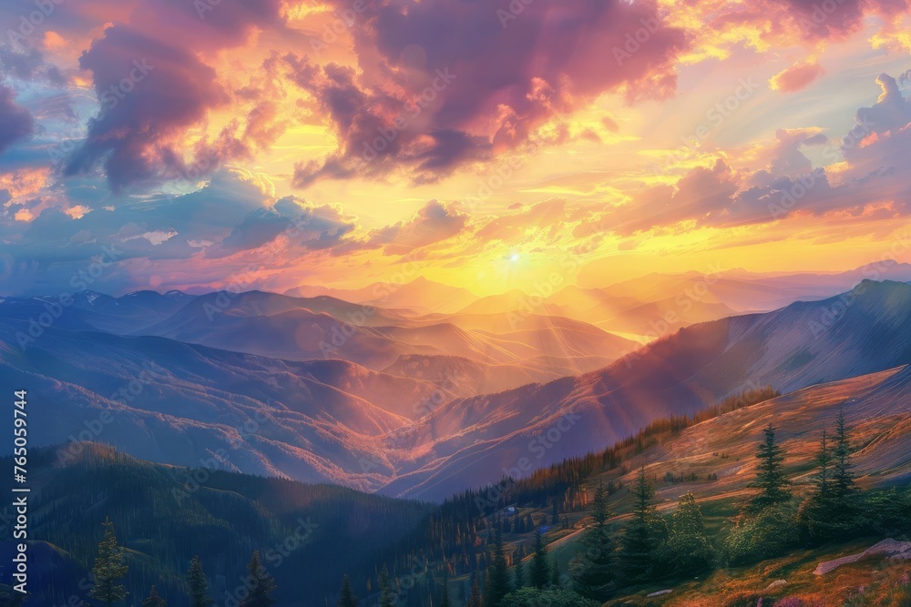 Alpine Glow Radiant Sunset over Tranquil Mountain Landscape, Digital Nature Painting