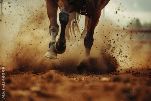 Rodeo Horses Stirring Up Dust in the Arena During Competition. Concept Rodeo, Horses, Dust, Arena, Competition
