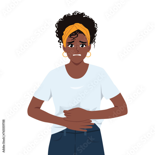 African woman feel pain in stomach. Stomach acid reflux disease and digestive system problem. Flat Vector Illustration Isolated on White Background