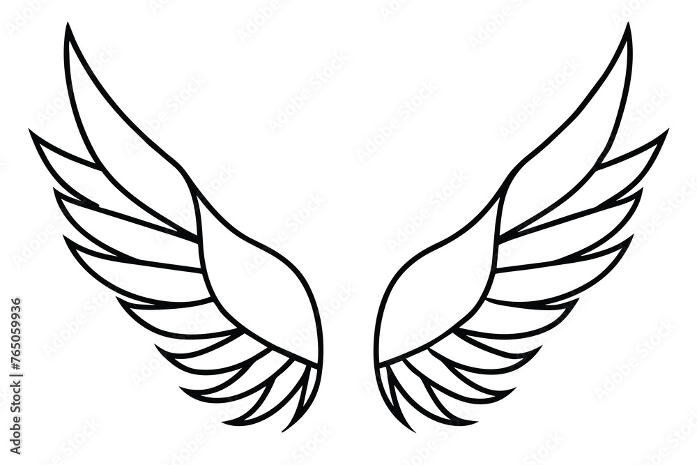 Pair of black wings and feathers line art, vector illustration Pair of black wings and feathers line art, vector illustration