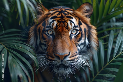 Close Up Of Tiger Surrounded By Leaves