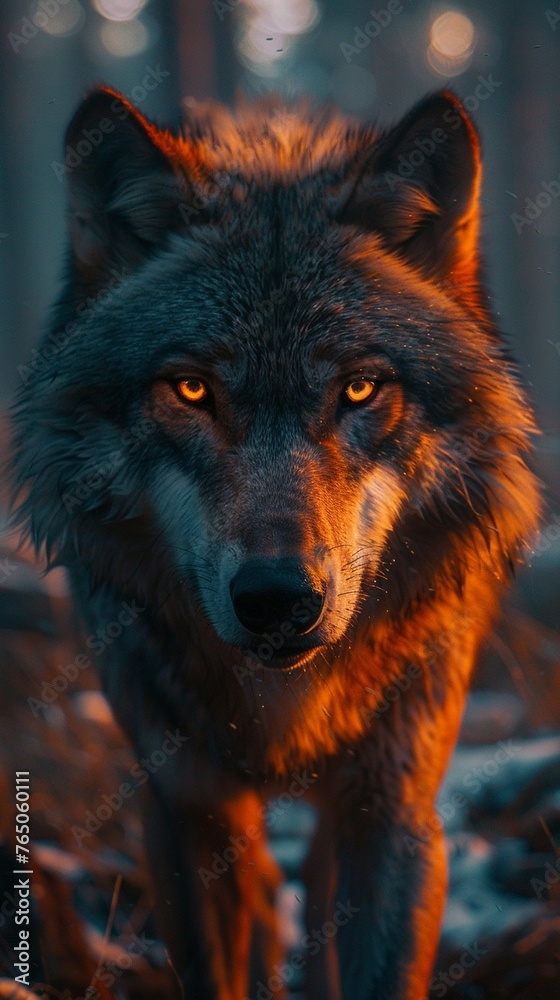Wolf radiating battle aura, standing firm, twilight, low angle, intense eyes