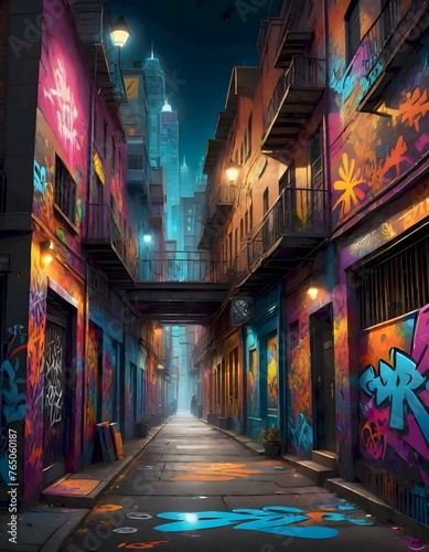 Colorful Graffiti Wall in Urban Alleyway, A Vibrant Display of Street Art, Generative AI