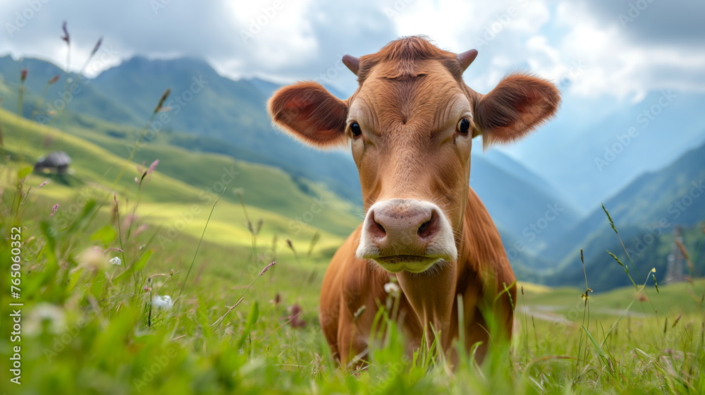 Curious cow stands in an Alpine meadow dotted with wildflowers, mountains in the background under a sunny sky, tranquility of pastoral life - obrazy, fototapety, plakaty 