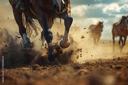 Horses at a Rodeo Competition Galloping and Raising Dust. Concept Rodeo Competition, Galloping Horses, Dust Clouds, Action Shots, Exciting Atmosphere