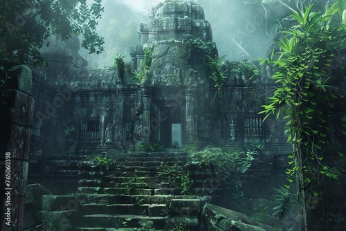 Ancient Secrets Lost Temple Ruins Overgrown with Jungle, Digital Archaeological Illustration