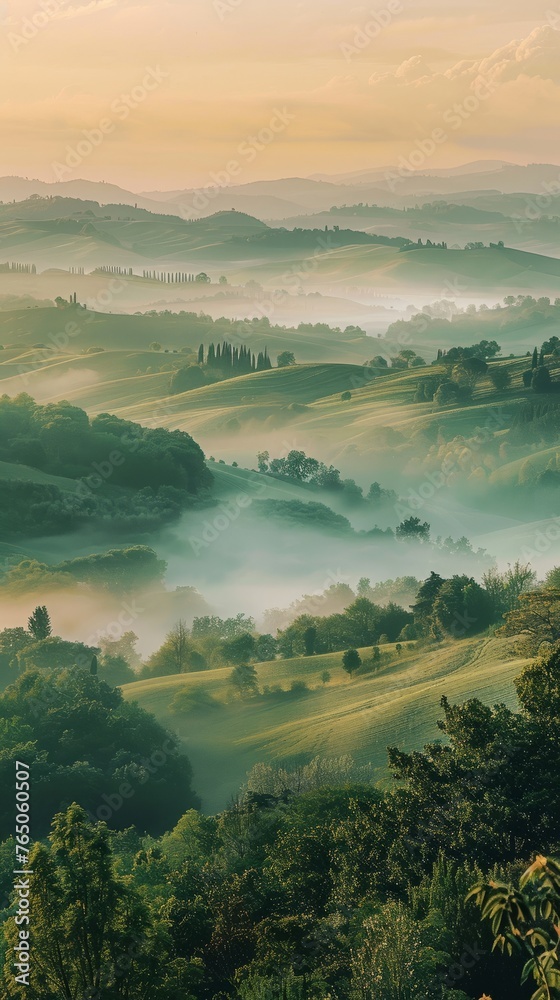 Misty hills at sunrise capture the ethereal beauty and soft light. Misty hills at sunrise capture the ethereal beauty and soft light.