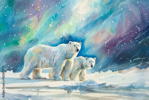 Arctic Aurora Polar Bears under Northern Lights, Watercolor Illustration