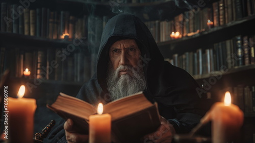 bearded man in a hood intently reads a magical tome by candlelight surrounded by books photo