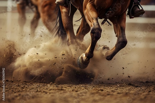 Horses at the Rodeo Arena Kicking Up Dust During Competition. Concept Rodeo Horses, Arena Competition, Dust, Action Shots, Equestrian Sport © Anastasiia