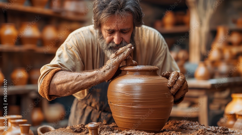 potter works with clay to create a vase potter works with clay to create a vase